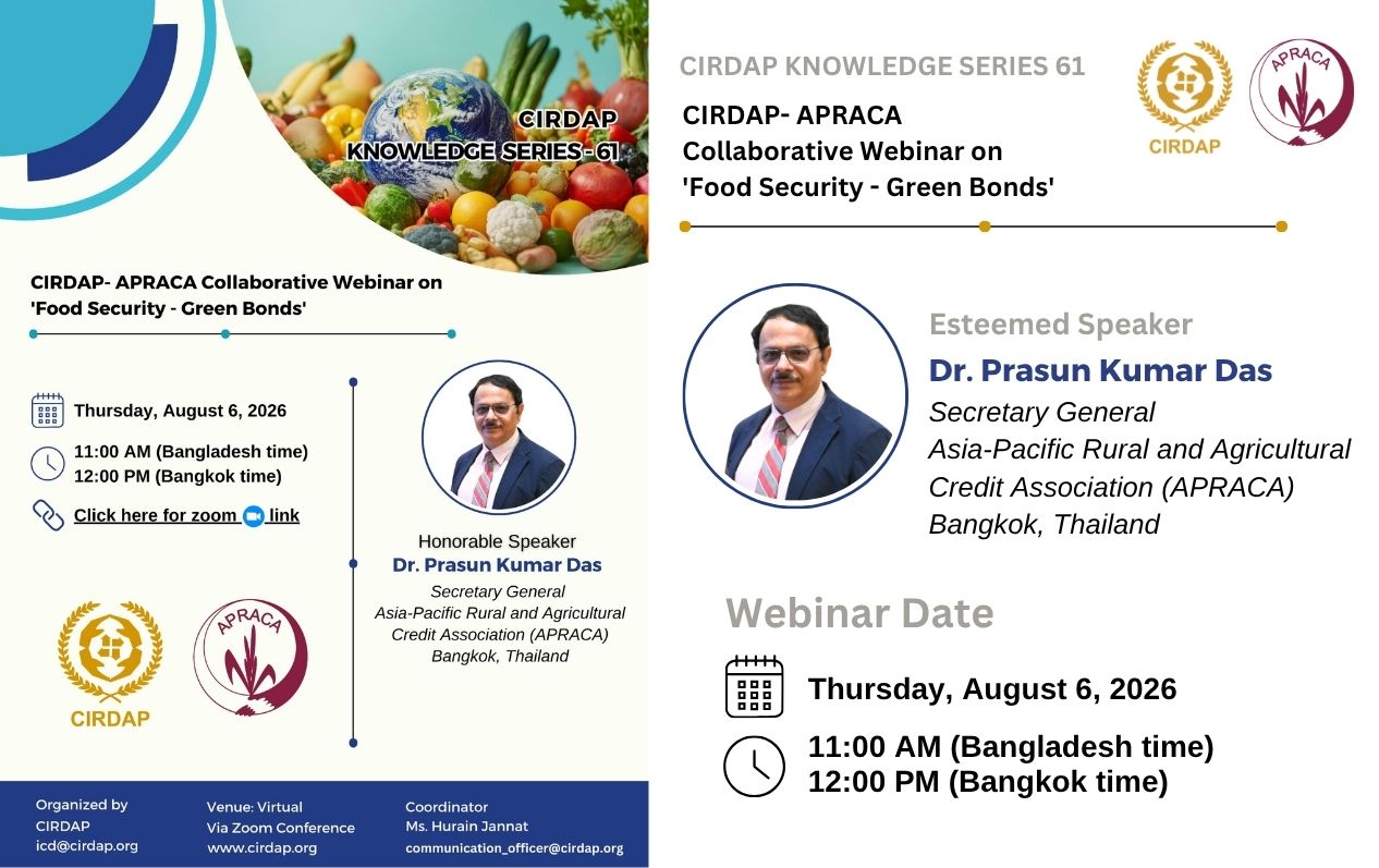 Webinar Announcement: CIRDAP Knowledge Series – 61: Webinar on ‘Food Security – Green Bonds’ (August 6, 2026)